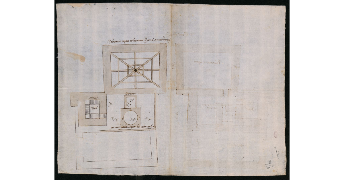 [Pianta di una fornace installata in un complesso edilizio con torre e "palazzaccio" ubicato presso il Ponte a Mare sull'Arno a Pisa]