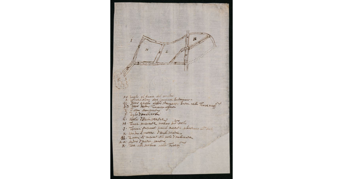 [Schizzo del territorio di Massaciuccoli con indicazione del Serchio e dei fossi e canali]