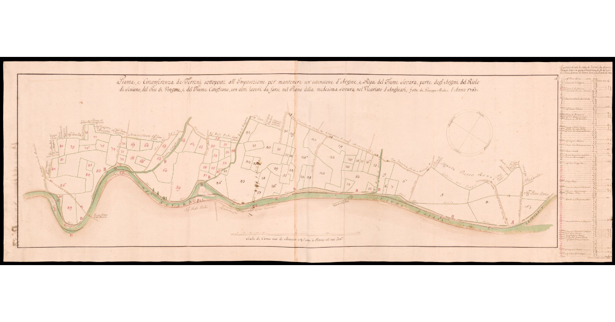 Pianta e circonferenza de' terreni sottoposti all'Imposizione per mantenere un'estensione d'argine e ripa del fiume Sovara, parte degl'argini del Riolo di Scuiano, del Rio di Vingone e del fiume Catigliano con altri lavori da farsi nel Piano della medesima Sovara nel Vicariato d'Anghiari