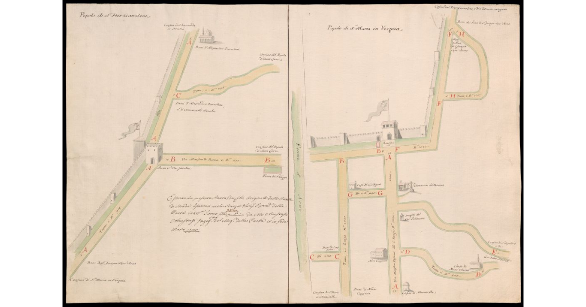 [Disegno prospettico delle mura di Firenze nei pressi di Porta Romana e Porta S. Frediano]