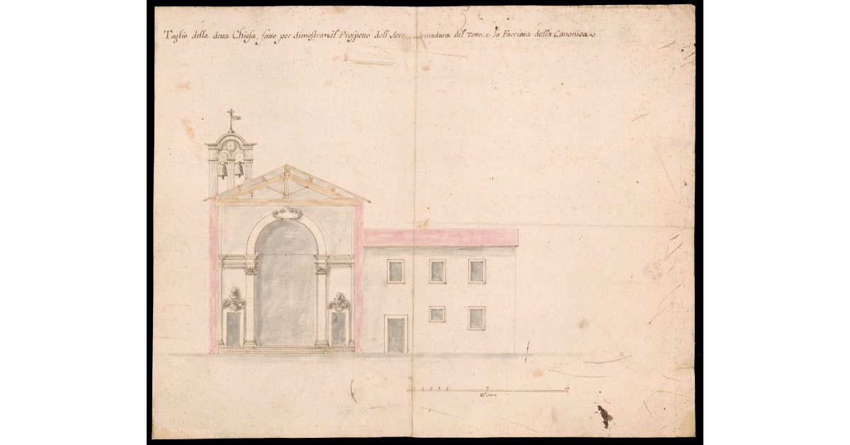 Taglio della detta Chiesa fatto per dimostrare il prospetto dell'arco e armadura del tetto e la facciata della Canonica [per la nuova chiesa di Carmignano]