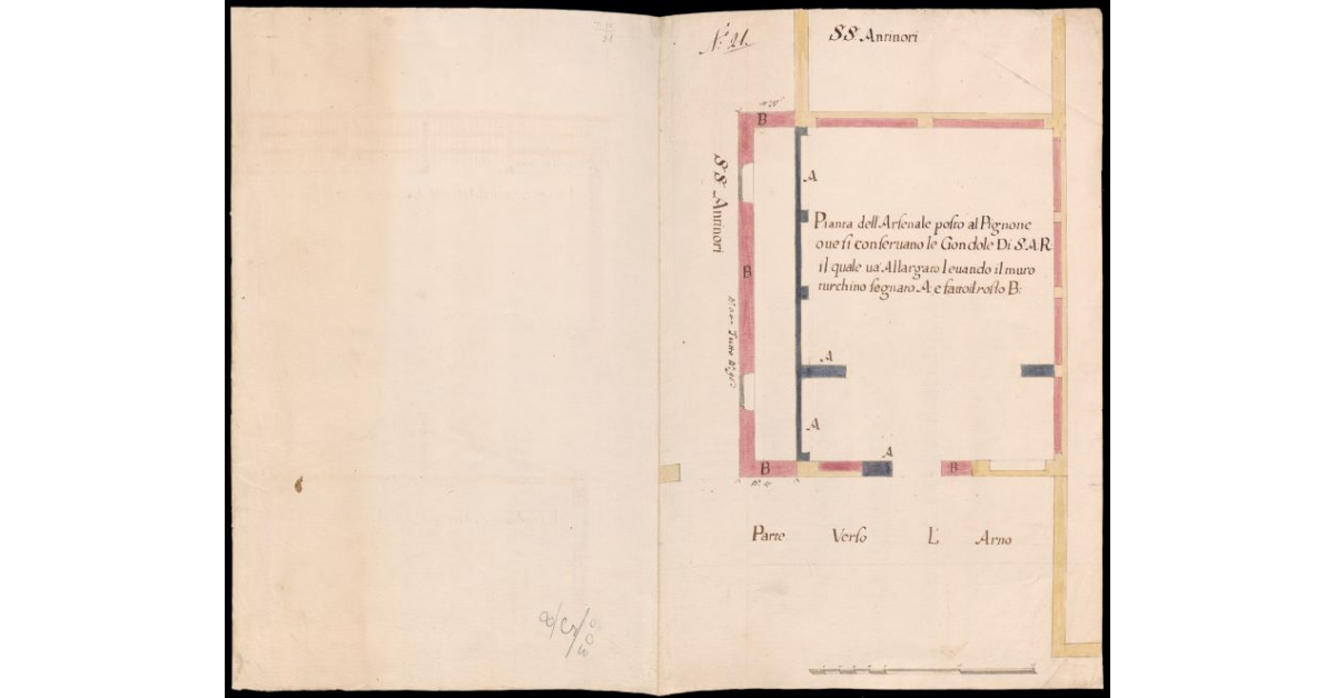 Pianta dell'Arsenale posto al Pignone ove si conservano le gondole di S.A.R. il quale va allargato levando il muro turchino segnato A e fatto il rosso B