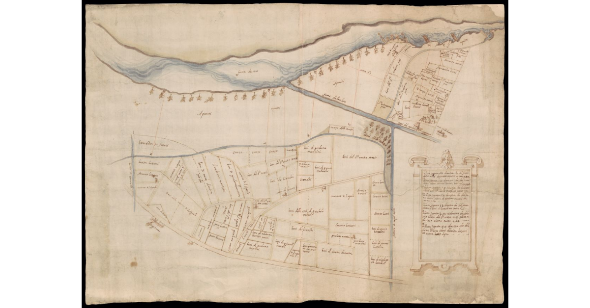 [Pianta di un tratto del fiume Arno alla confluenza del torrente Ambra con i terreni circostanti e i rispettivi proprietari]