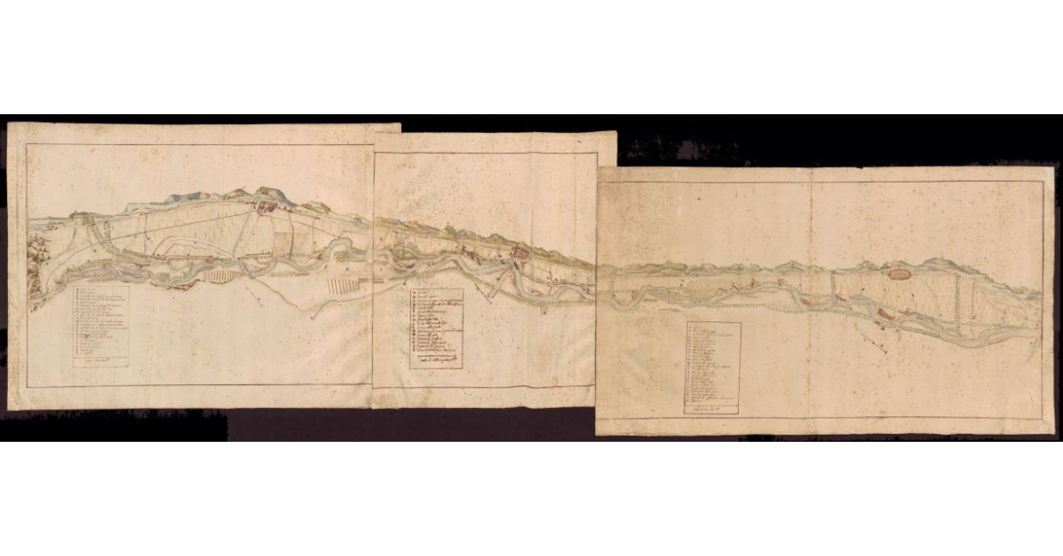 [Disegno prospettico di un tratto del fiume Arno tra la Valle dell'Inferno e Figline Valdarno]