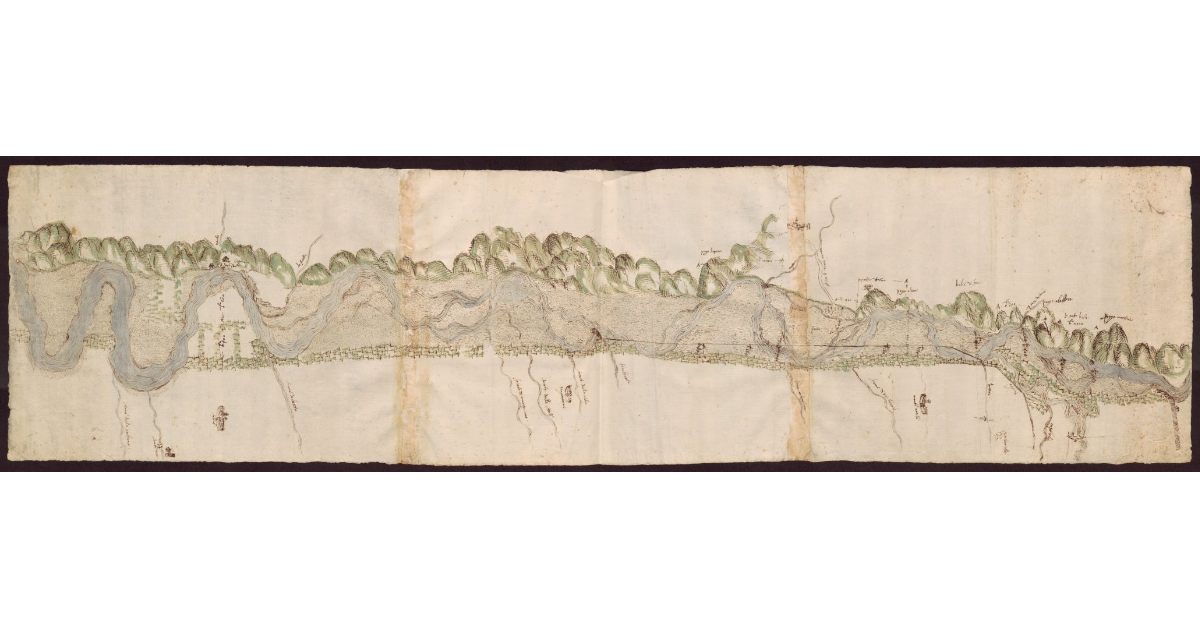 [Disegno prospettico di un tratto del fiume Arno tra Figline Valdarno e la Valle dell'Inferno]