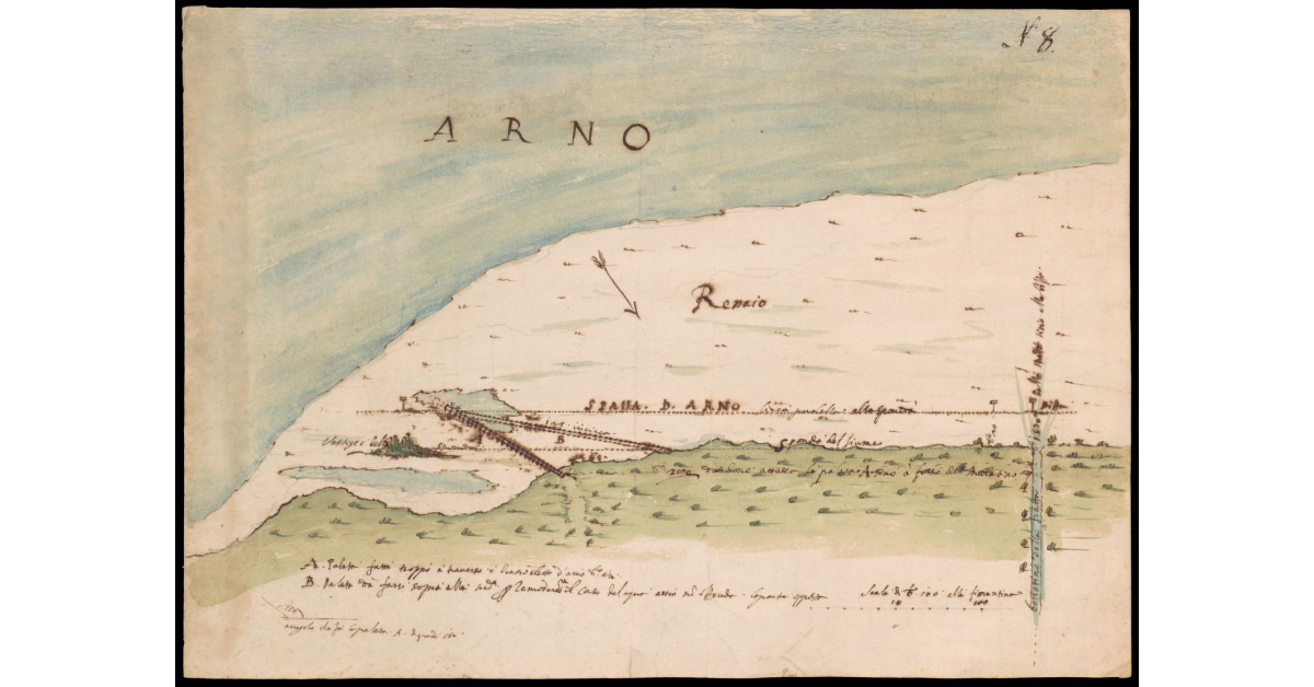 [Pianta di un tratto del fiume Arno nel Valdarno di Sopra con lavori progettati]