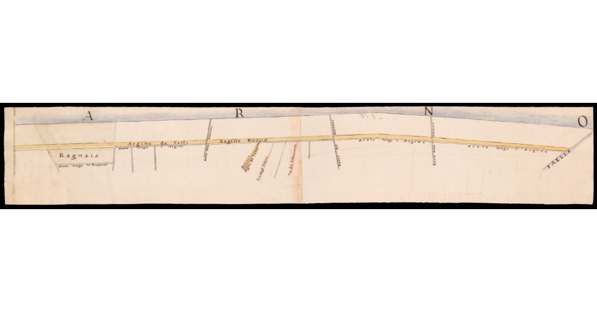 [Pianta di un tratto del fiume Arno presso Faella con un nuovo argine da costruire]