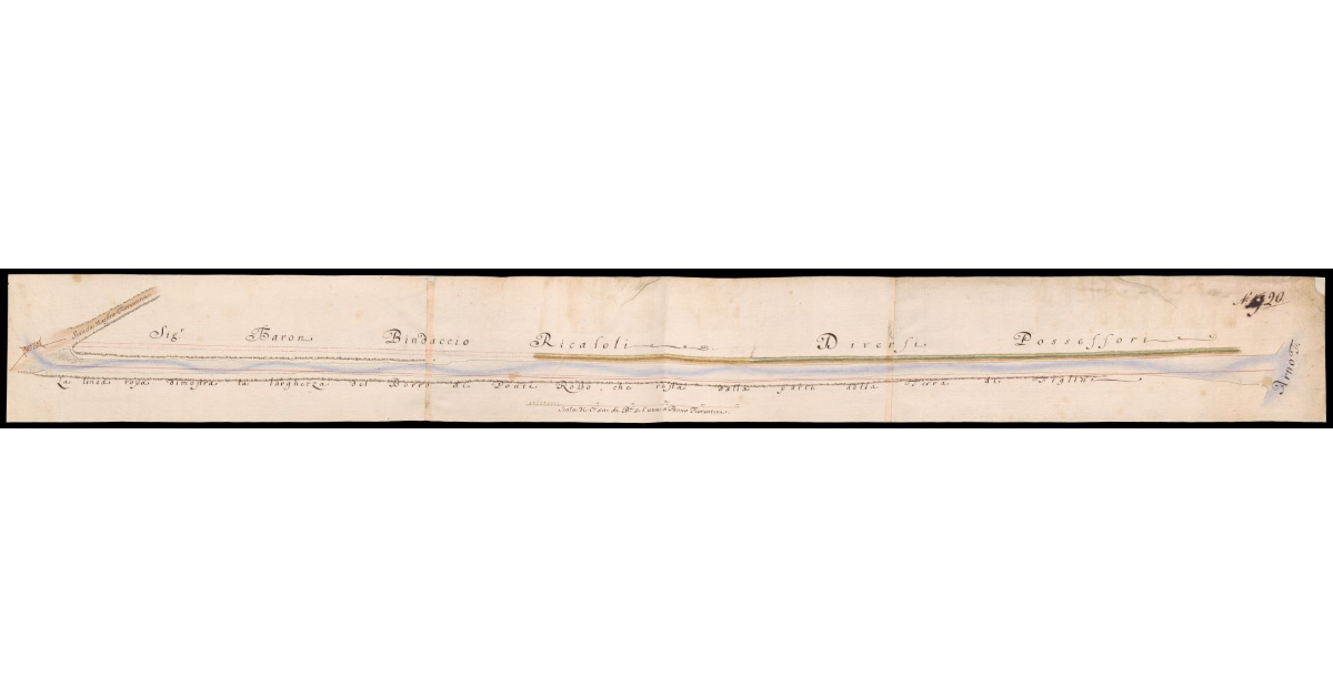 [Pianta del Borro di Ponte Rosso tra la Strada Maestra Fiorentina e la sua confluenza nel fiume Arno a Figline Valdarno]