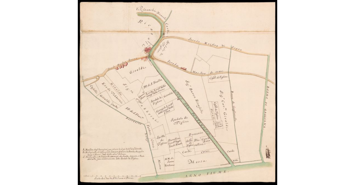 [Pianta dell'area lungo il Borro del Ponte Rosso e fino all'Arno, con i terreni circostanti del Mezzule d'Incisa a Figline nel Valdarno di Sopra]