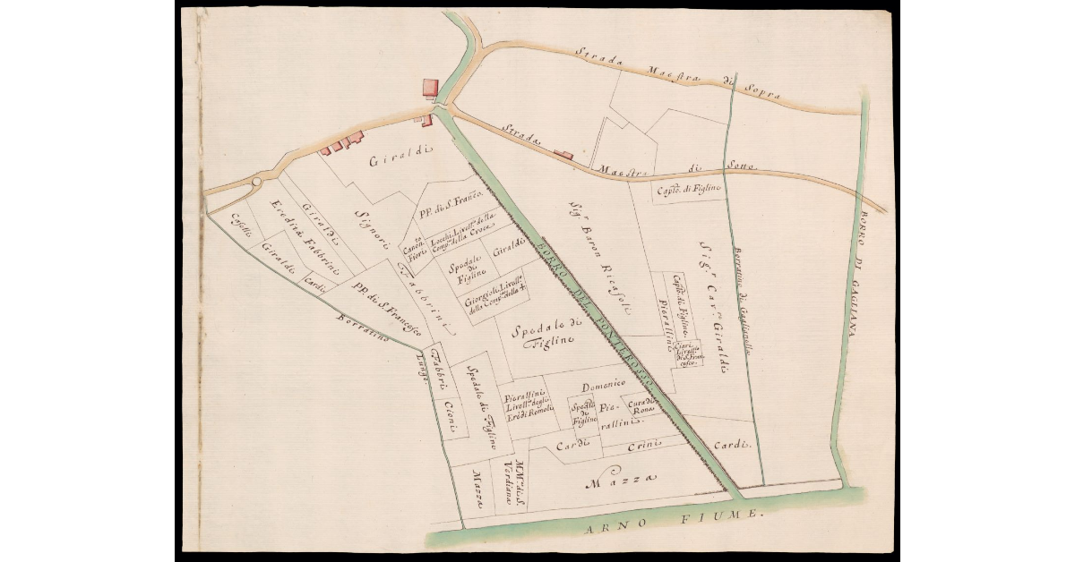 [Pianta del Borro di Ponte Rosso e del Borro di Gagliana fino alla loro confluenza nel fiume Arno a Figline nel Valdarno di Sopra]