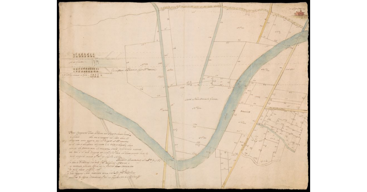 [Pianta di un'ansa del fiume Arno nel Piano di Montevarchi e di Levane con progetto di nuovo letto]