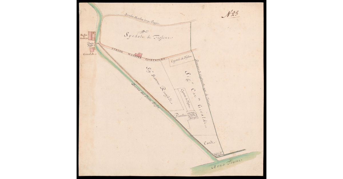 [Pianta di un tratto del Borro di Ponte Rosso fino alla sua confluenza nel fiume Arno presso Figline Valdarno]