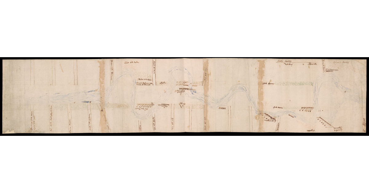 [Pianta di un tratto del fiume Arno con le strade e i fossi che l'attraversano nel territorio di Figline Valdarno]