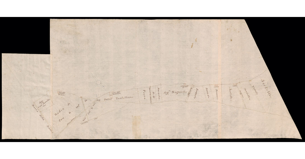 [Pianta di terreni lungo il Borro del Ponte Rosso a Figline Valdarno con i nomi dei proprietari]