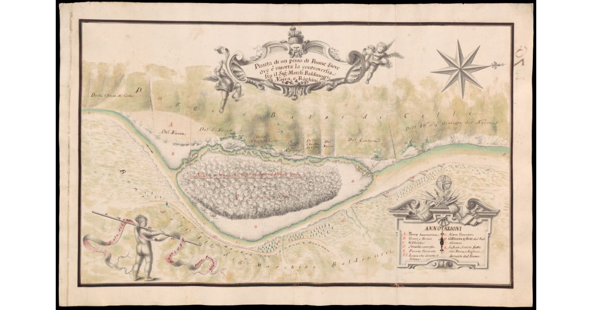 Pianta di un pezzo di Fiume Sieve ove è insorta la controversia fra il Sig. March. Baldinucci, Nacca, e Righini