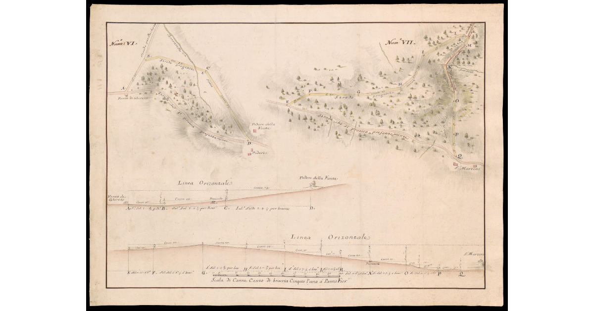 [Piante e sezioni per la costruzione di due nuove strade verso il Podere della Fonte e verso S. Martino in Mugello per la nuova Bolognese della Futa]