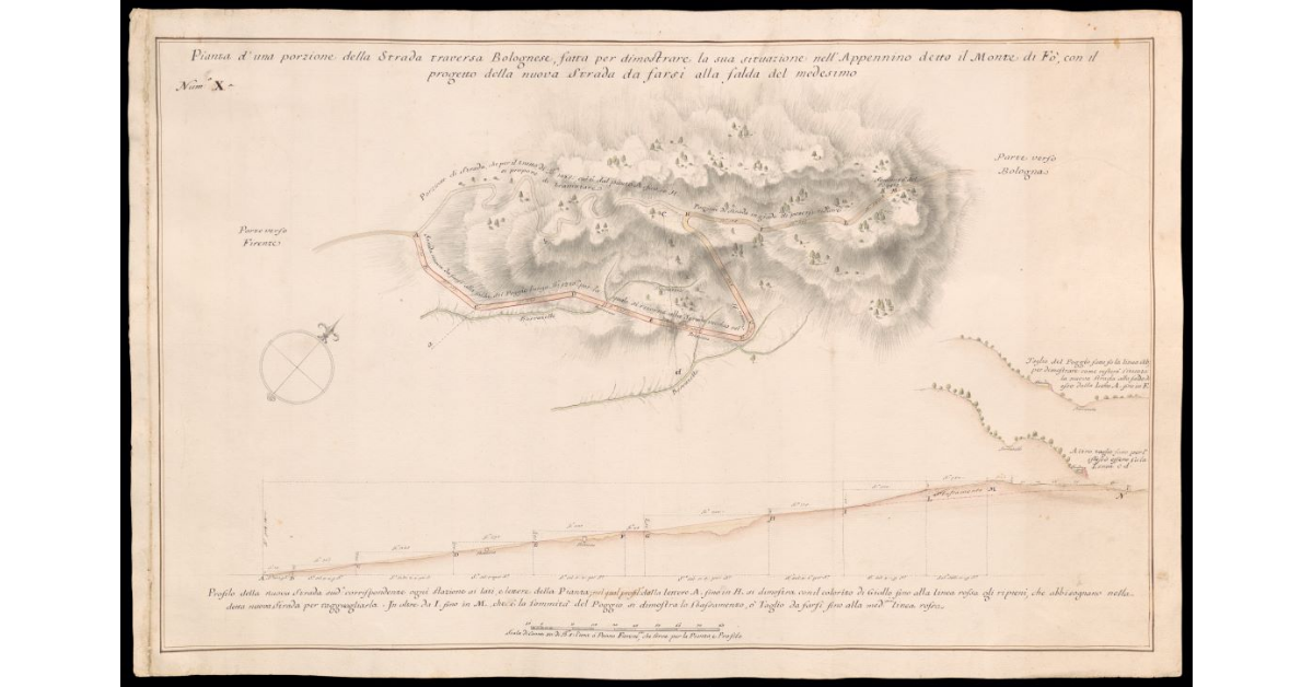 Pianta d'una porzione della Strada Traversa Bolognese fatta per dimostrare la sua situazione nell'Appennino detto il Monte di Fò, con il progetto della nuova strada da farsi alla falda del medesimo per la nuova arteria della Futa