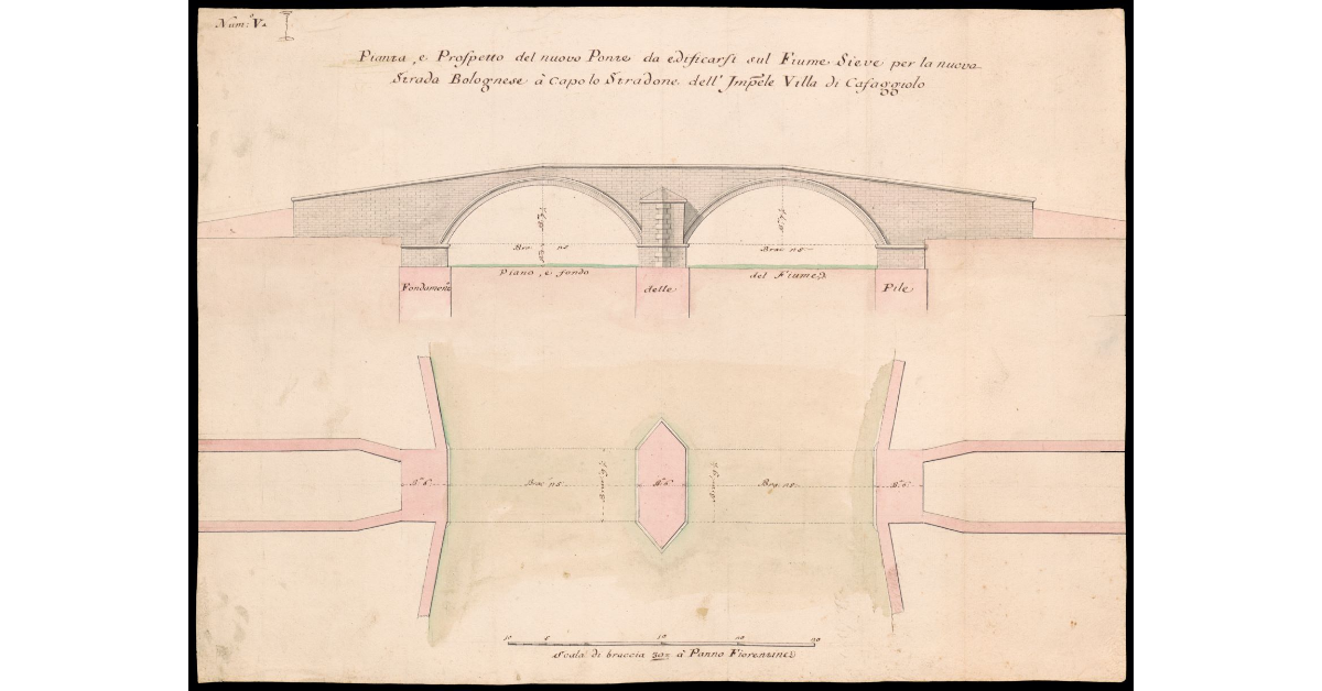 Pianta e prospetto del nuovo Ponte da edificarsi sul fiume Sieve per la nuova Strada Bolognese à capo lo Stradone dell'Imperiale Villa di Cafaggiolo