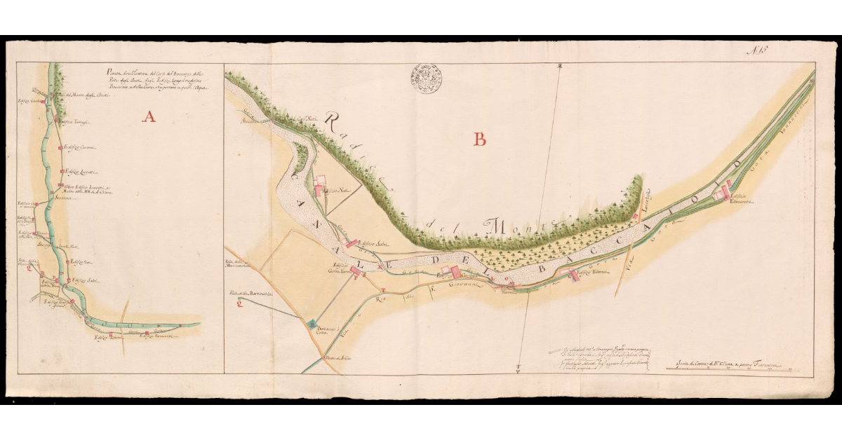 Pianta dimostrativa del corso del Baccatoio, delle Polle degli Acuti, degli edifizi lungo il medesimo Baccatoio, e delle gore che portano a questi l'acqua