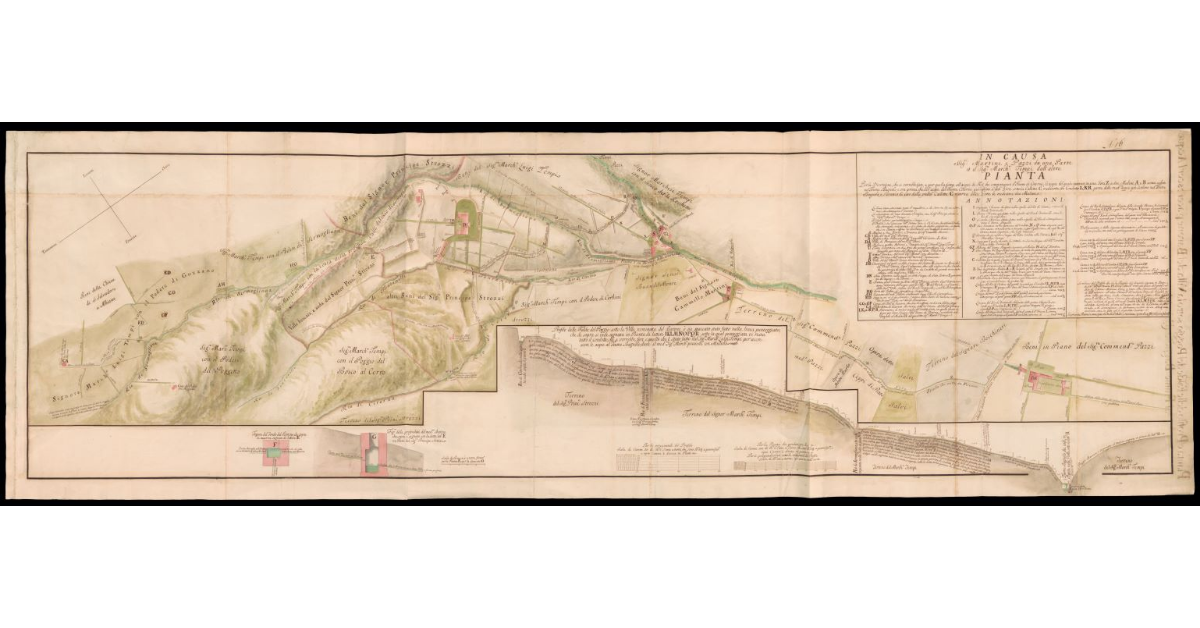 [Pianta e profilo del territorio circostante la Villa del Barone presso Bagnolo di Montemurlo per dirimere una controversia tra Tempi da una parte e Pazzi e Martini dall'altra]