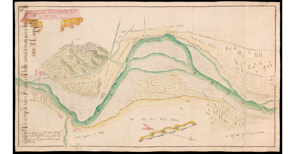Pianta di una porzione del corso del Fiume Arno sopra il Ponte a Poppi