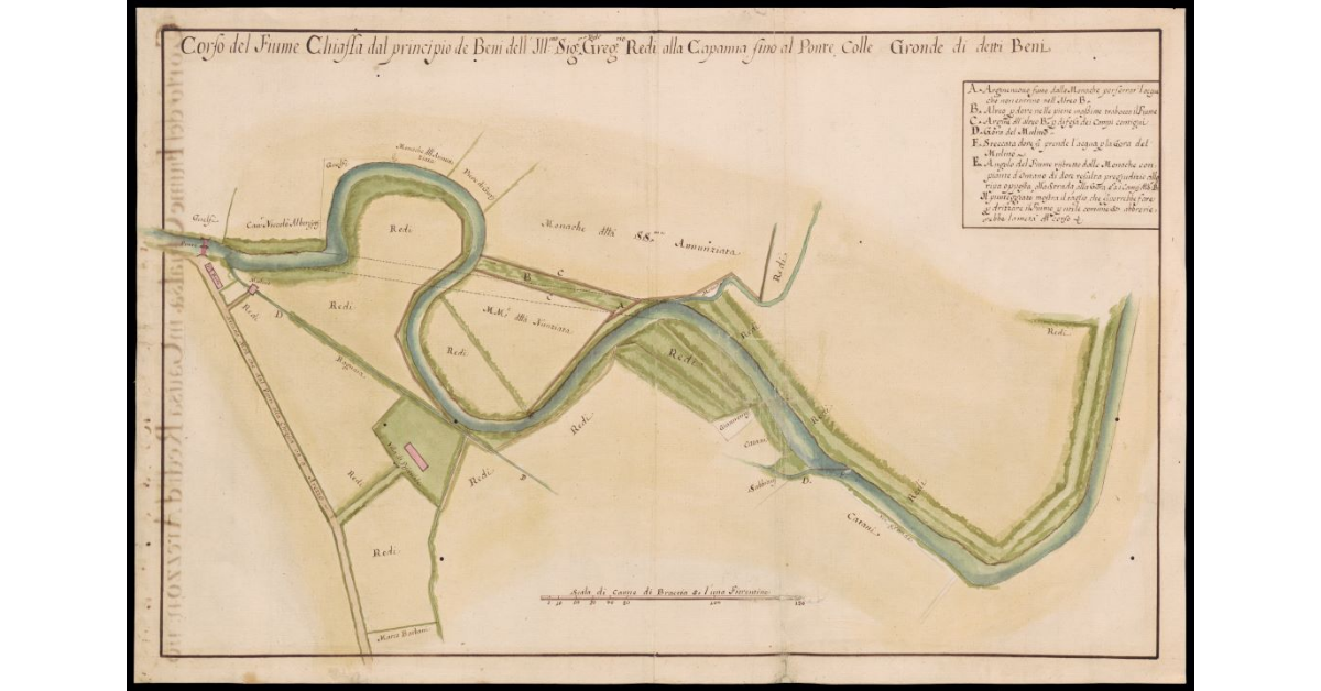 Corso del fiume Chiassa dal principio de beni dell'Ill.mo Sig. Gregorio Redi alla Capanna fino al ponte colle gironde di detti beni
