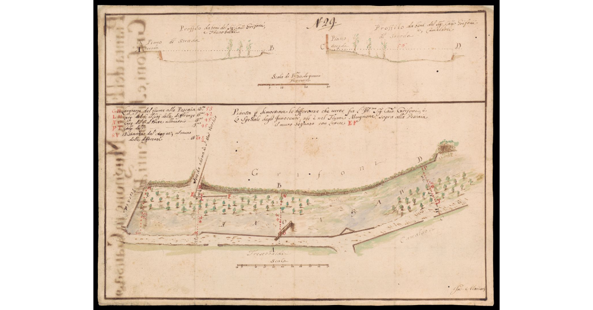 Pianta per dimostrare le differenze che verte fra l'Ill.mo Sig Cav. Grifoni e lo Spedale degli Innocenti che è nel fiume Mugnone sopra alla Pescaia