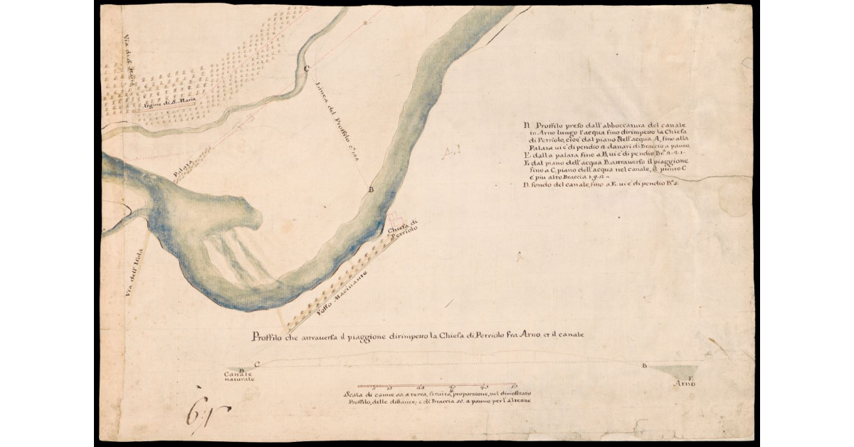 Profilo che attraversa il piaggione dirimpetto la Chiesa di Petriolo fra Arno et il canale