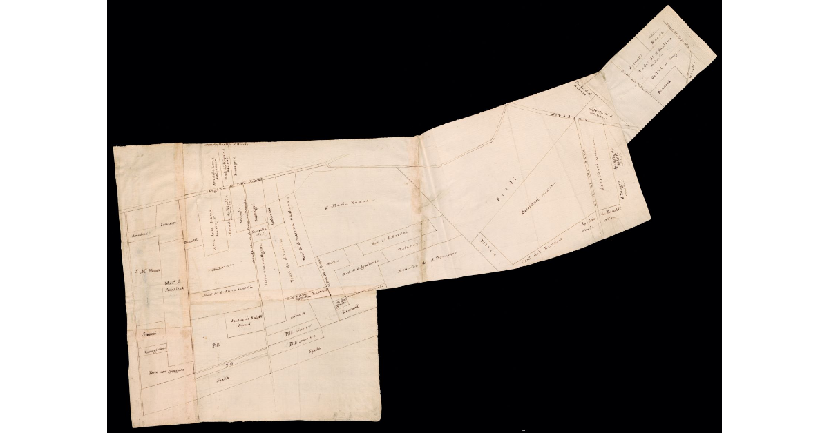 [Sbozzo di pianta di appezzamenti di terreno lungo il fiume Arno nei pressi di Peretola]