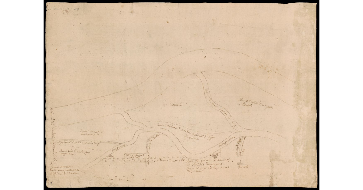 [Sbozzo di pianta di un tratto del corso del fiume Arno e del torrente Mugnone]