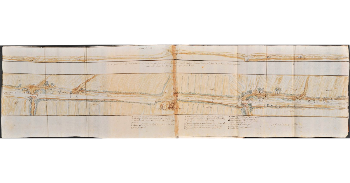 Pianta e spaccato del Fosso della Sorbatella al Piano da un ponte et il altro come nella strada Romana vicino al Ponte di Arbia in circha miglia uno come dalla Scala di Canne 30 divisa ogni Canna di braccia 4