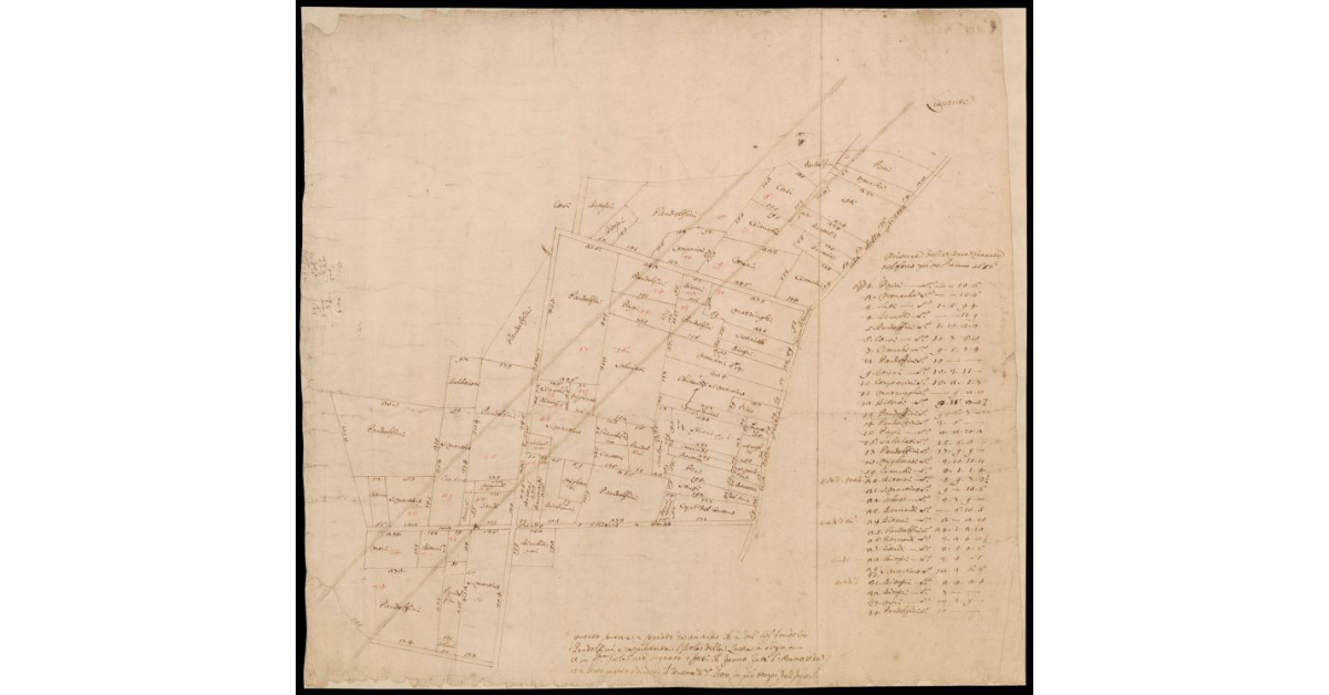 [Pianta di appezzamenti di terreno lungo il fiume Arno nei pressi dell'Isola di Lastra a Signa]