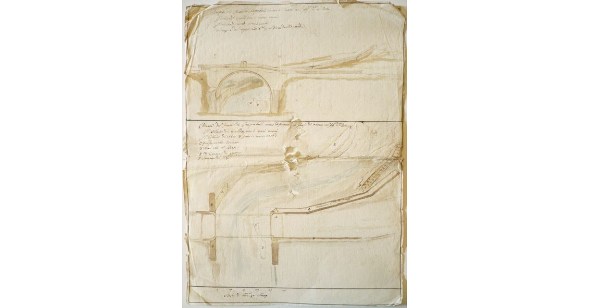 Prospetto del Ponte di Camparboli vicino a Sciano nel fosso detto il Botro (in alto)_x000B_Pianta del Ponte di Camparboli vicino Asciano da farsi di nuovo nel fosso detto il Botro (in basso)