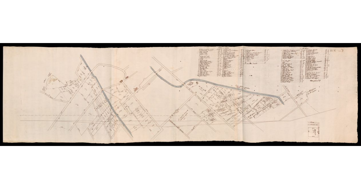 [Pianta di appezzamenti di terreno lungo un tratto del fiume Arno presso Badia a Settimo e San Colombano]