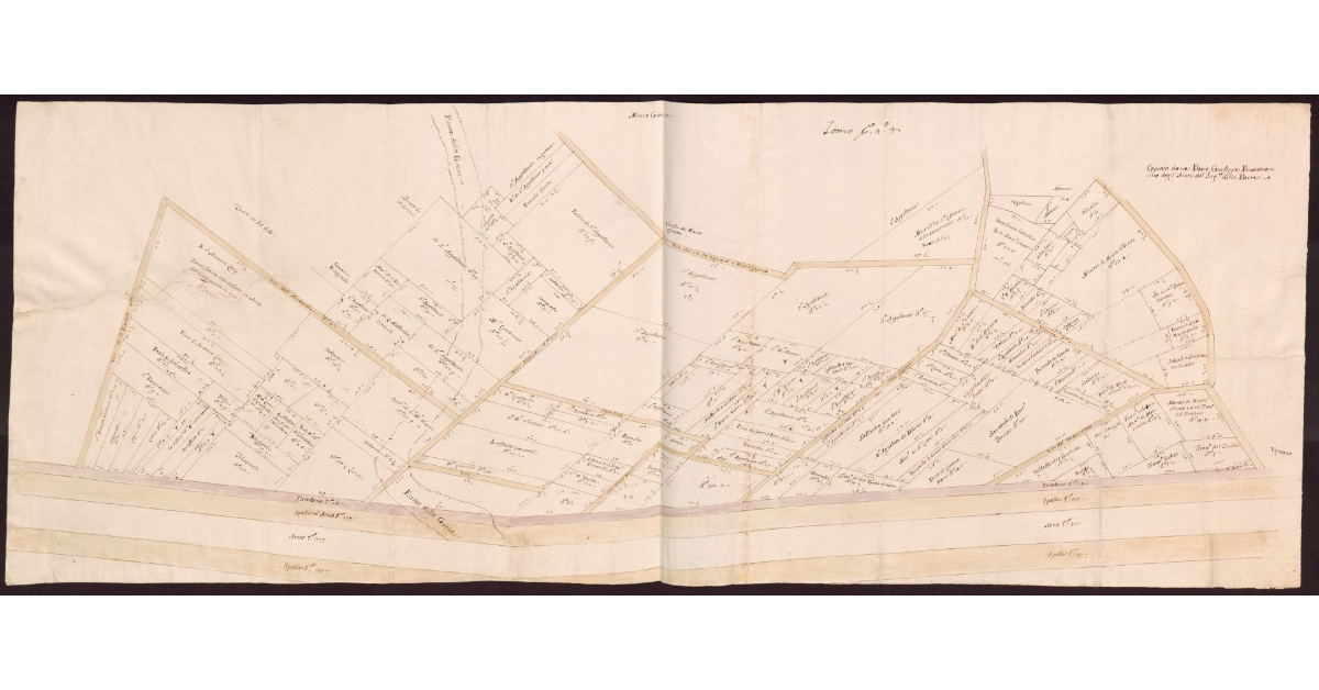 [Pianta di appezzamenti di terreno lungo un tratto del fiume Arno fra la confluenza del fiume Greve e Ugnano]