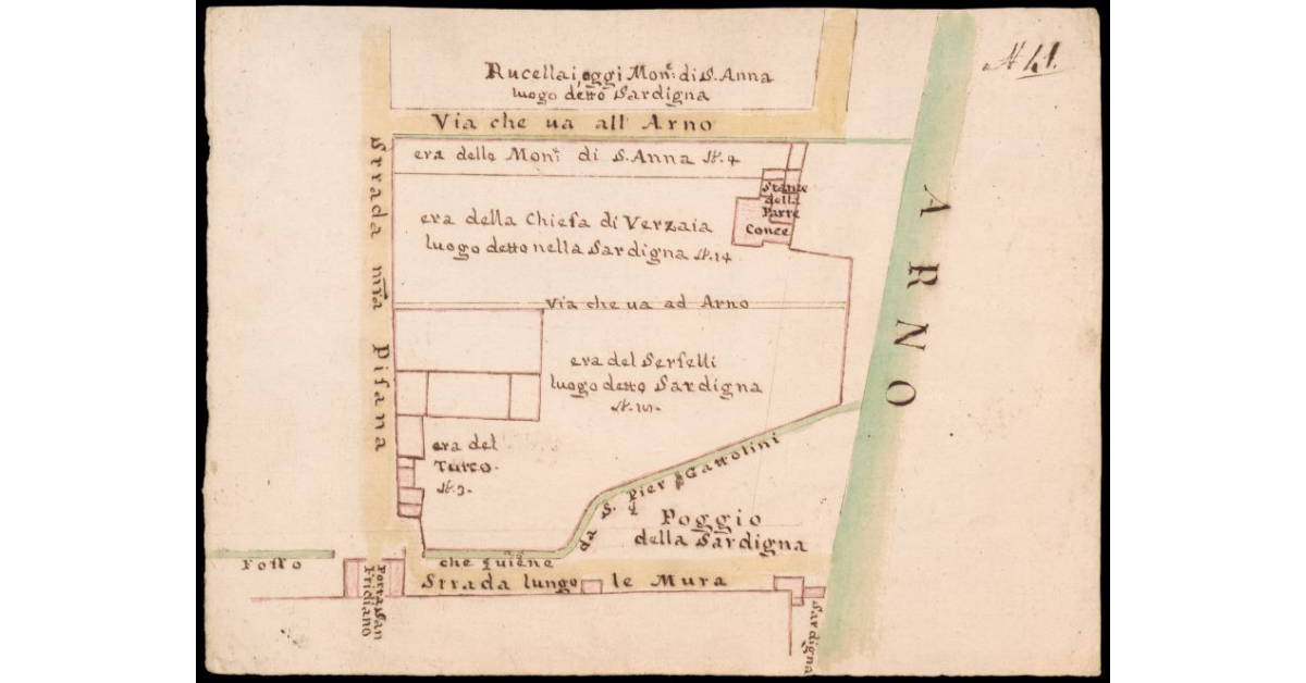 [Pianta di appezzamenti di terreno della Sardigna posti lungo il fiume Arno fuori di Porta San Frediano o Pisana a Firenze]