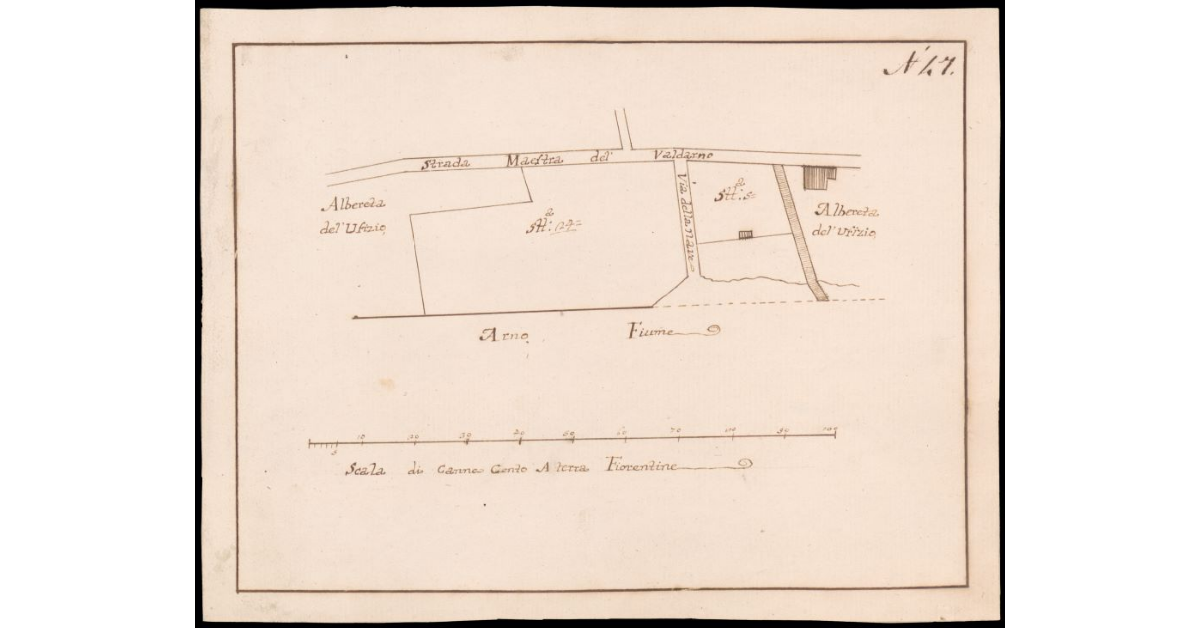 [Pianta di un tratto del fiume Arno presso la Strada Maestra del Valdarno e Via della Nave]