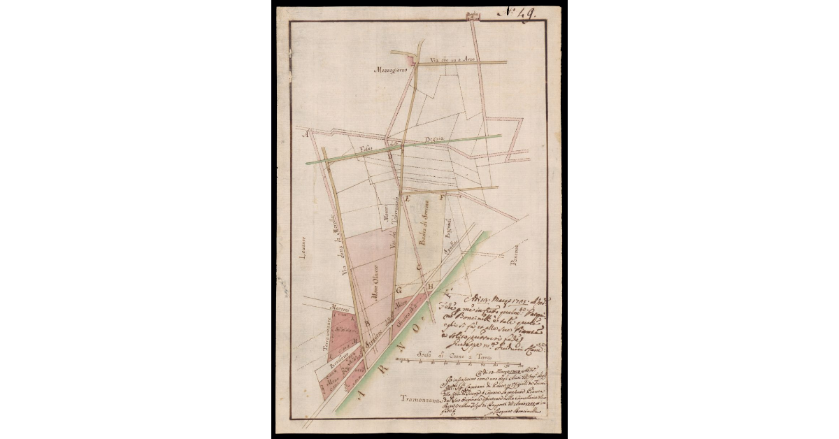 [Pianta dei terreni tra il fiume Arno e la Badia a Settimo]