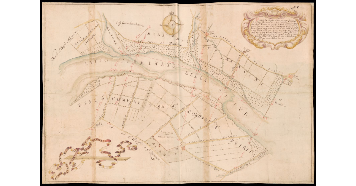 Pianta che dimostra lo stato presente del corso che fa il fiume della Sieve [tra i beni Guasconi, Mancini, Petrei e Cordini nel territorio di San Piero a Sieve]