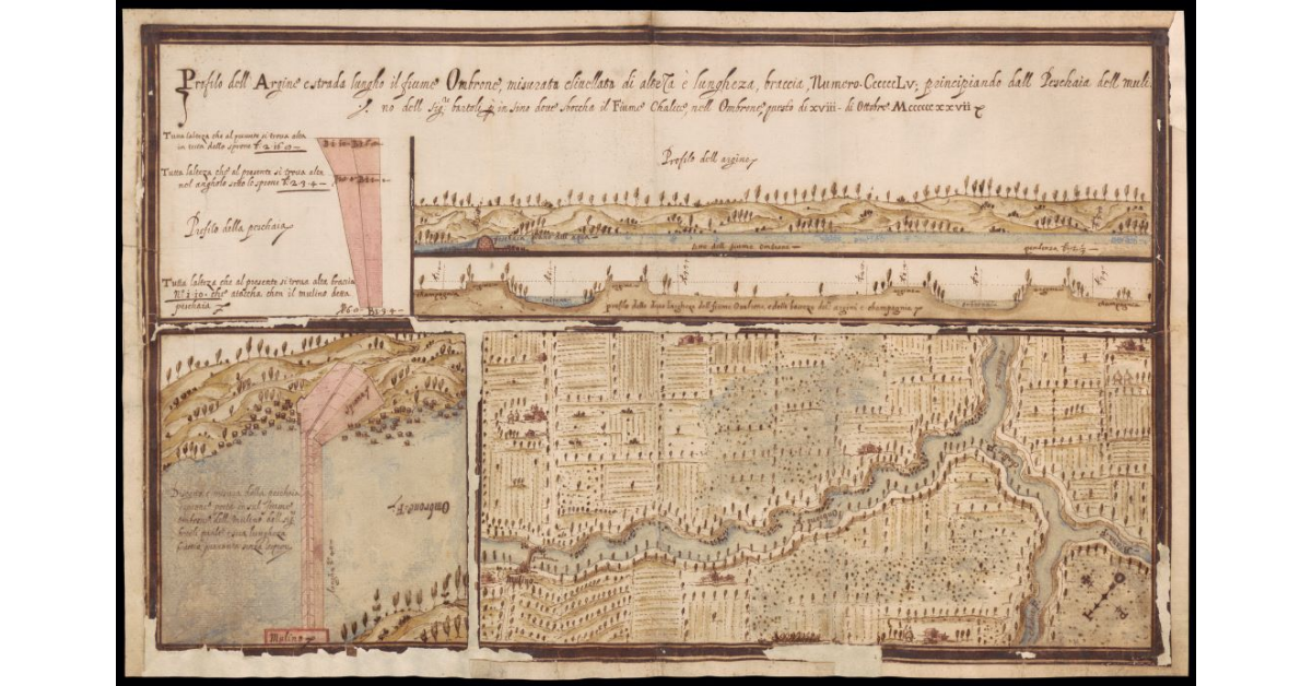 Profilo dell'argine e strada lungo il fiume Ombrone, misurata e livellata di altezza e lunghezza [...], principiando dalla pescaia del mulino del sig. Bartoli, per in sino dove sbocca il fiume Calicco [Calice] nell'Ombrone