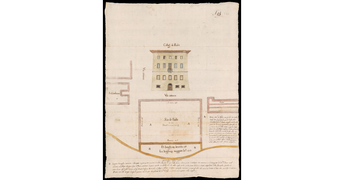[Pianta e alzato del Collegio dei Padri sulla Via Comune in un anonimo centro murato]