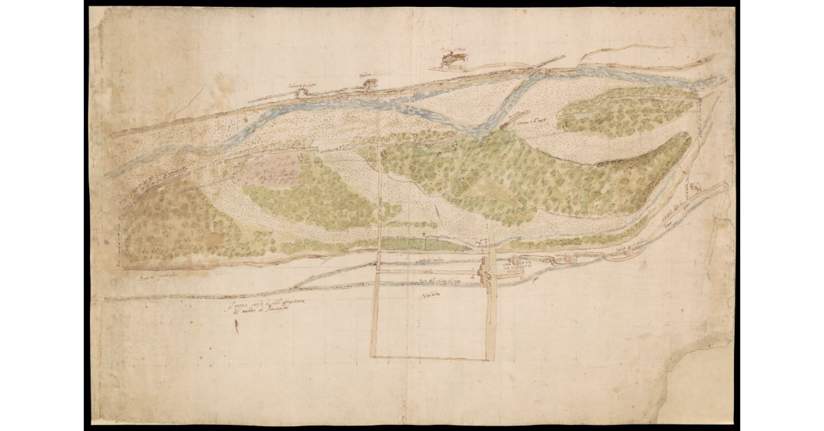 [Pianta di un territorio lungo il fiume Bisenzio a monte di Prato con gore e diversi mulini e altri opifici]