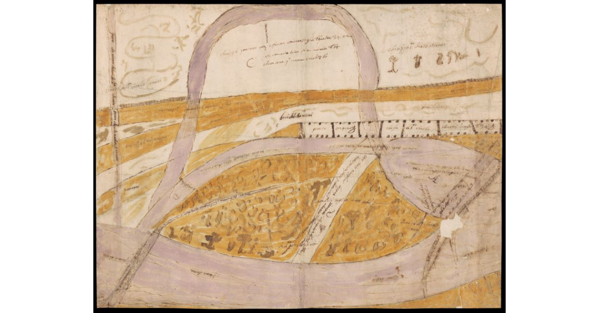 [Pianta di un tratto ramificato del fiume Ema con processi erosivi del medesimo sui campi adiacenti]