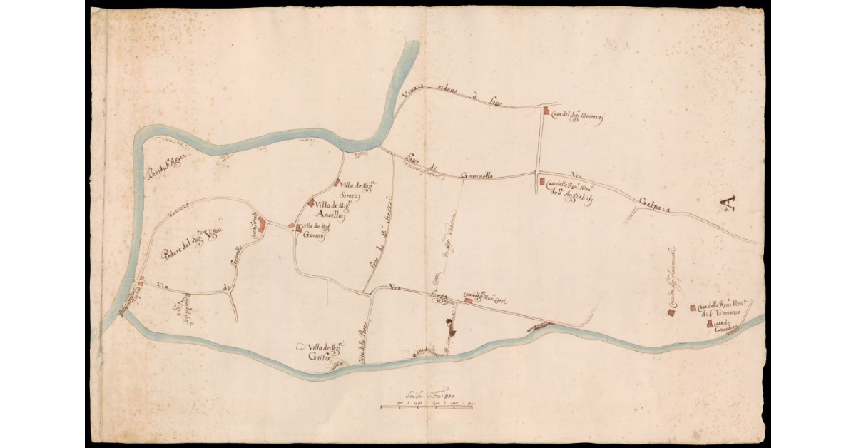 [Pianta di strade e fossi tra il fiume Bisenzio e il torrente Marina in località Fornello a Campi Bisenzio]