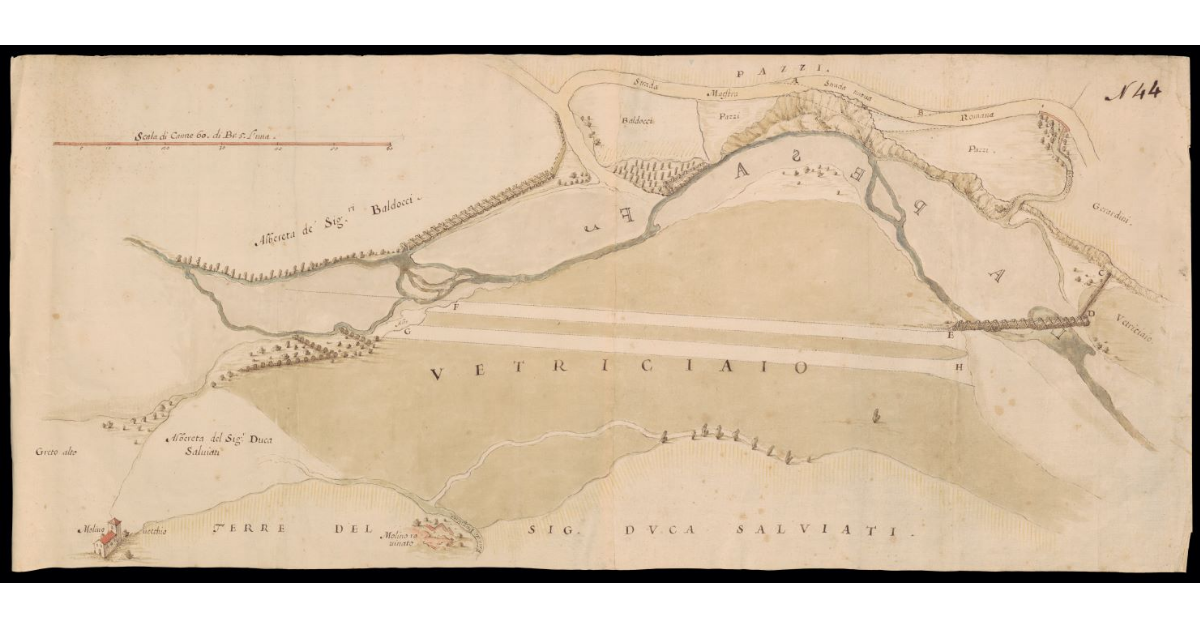 [Pianta di un tratto del fiume Pesa presso la Strada Maestra Romana fra Tavarnelle e San Casciano]