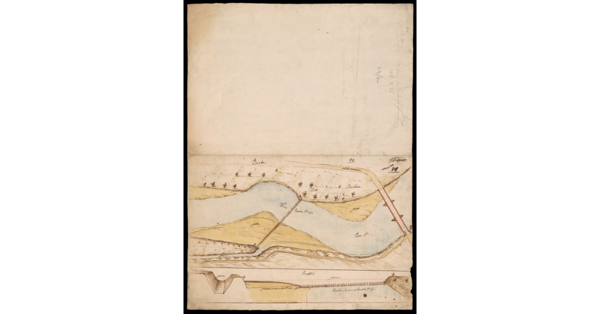 [Pianta di un tratto del fiume Pesa con il ponte della Strada Maestra Romana fra Tavarnelle e San Casciano]