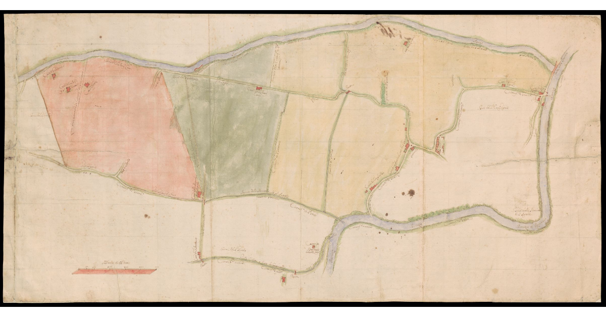 [Pianta del territorio fra il torrente Marina e il fiume Bisenzio alla loro confluenza]