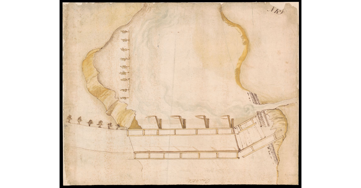 [Disegno del ponte di Chiani con una steccaia su un corso d'acqua]