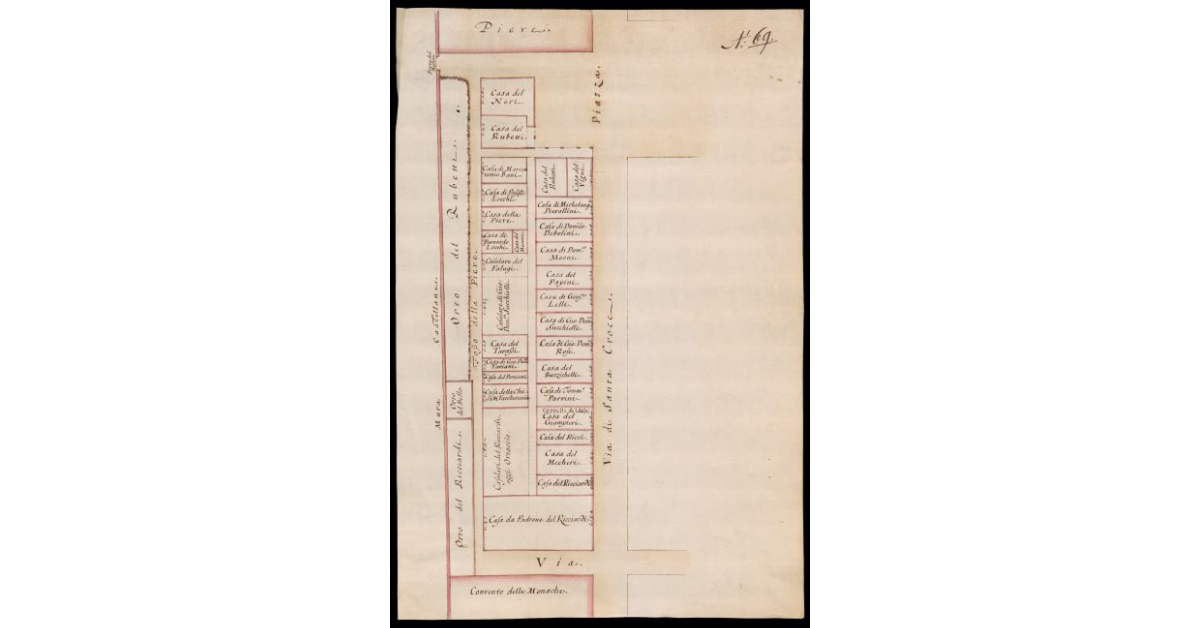 [Pianta di una parte dell'abitato di Santa Croce con mura castellane]