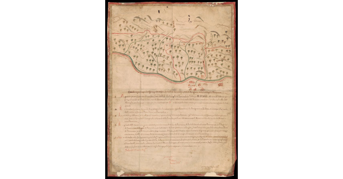 [Pianta sulle differenze di confini fra il Comune di Farnocchia, il Comune di Retignano ed altri luoghi nel Capitanato di Pietrasanta]